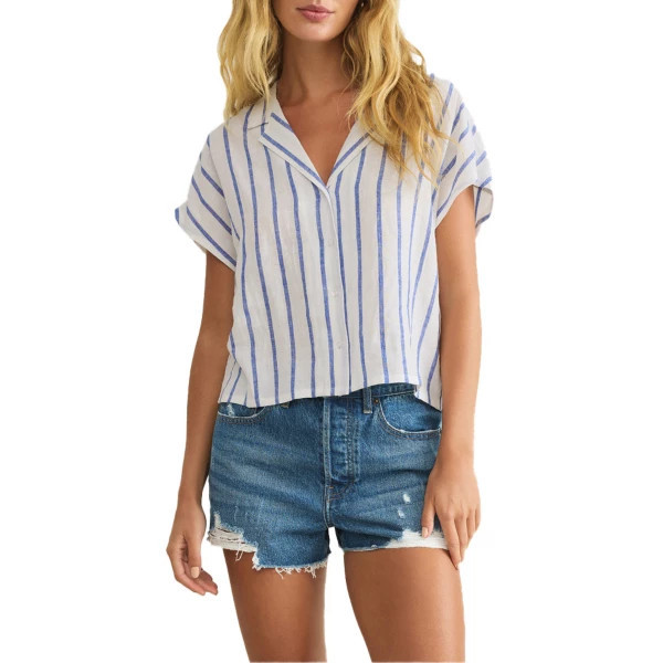 Women's Z Supply Parallel Striped Linen Button Up Shirt Medium Palace Blue | Scheels