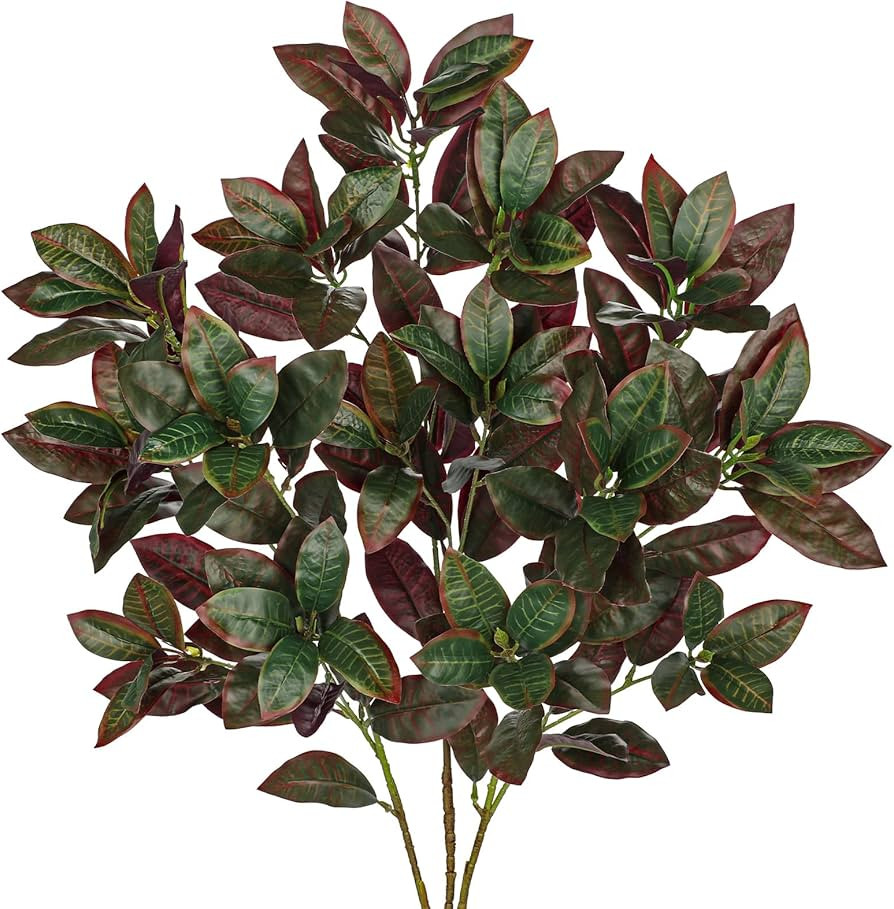 33" Artificial Croton Leaves Stems for Floral Arrangements, 3 Pcs Faux Leaves Branches with Red &... | Amazon (US)