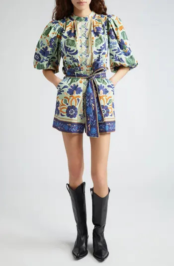 Ocean Tapestry Puff Sleeve Cotton Romper | Nordstrom