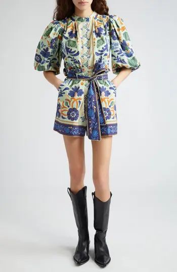 Ocean Tapestry Puff Sleeve Cotton Romper | Nordstrom