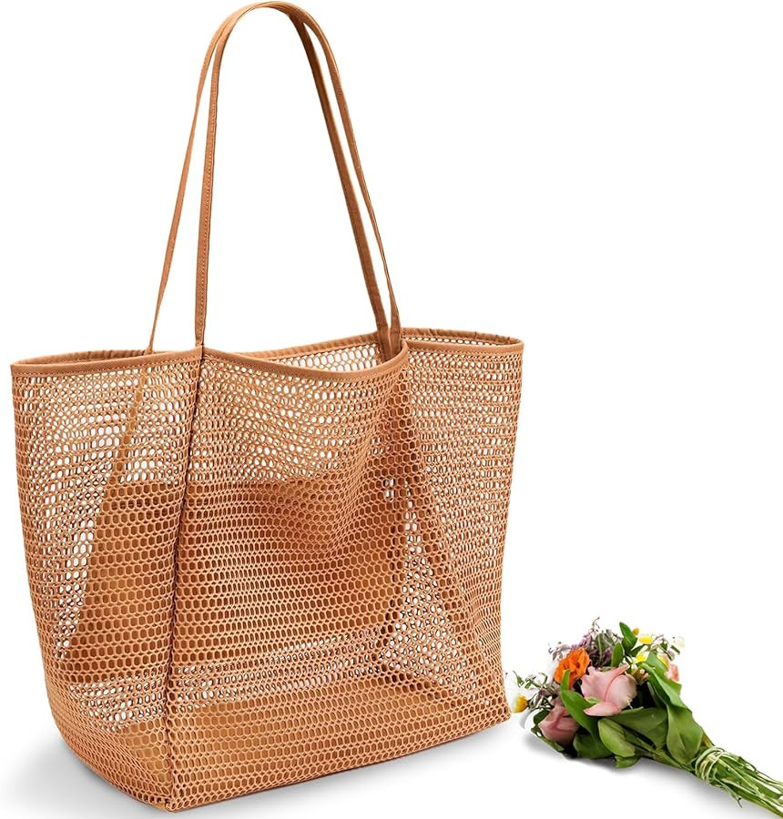 AURUZA Beach Mesh Tote Bag, Casual Tote Bag Hobo for Women Foldable 23L Shoulder Handbag Bag Pool... | Amazon (US)