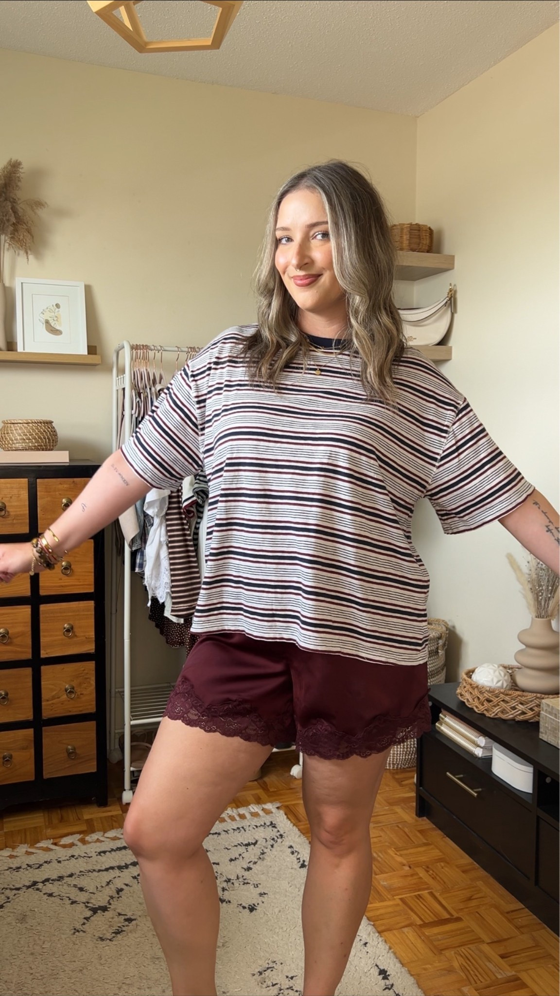 Love these pieces for heading into fall! Wearing L in the striped tee and M in the satin lace shorts. Code SOMUCHLOVE for extra savings at aerie!

#LTKfall #LTKsale #LTKmidsize