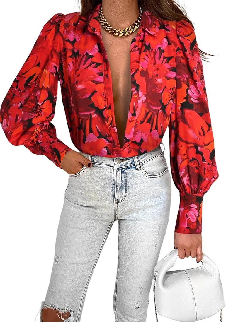 EVALESS Womens Tops Button Down Shirts Print Long Sleeve Blouses for Women Fashion 2023 | Amazon (US)