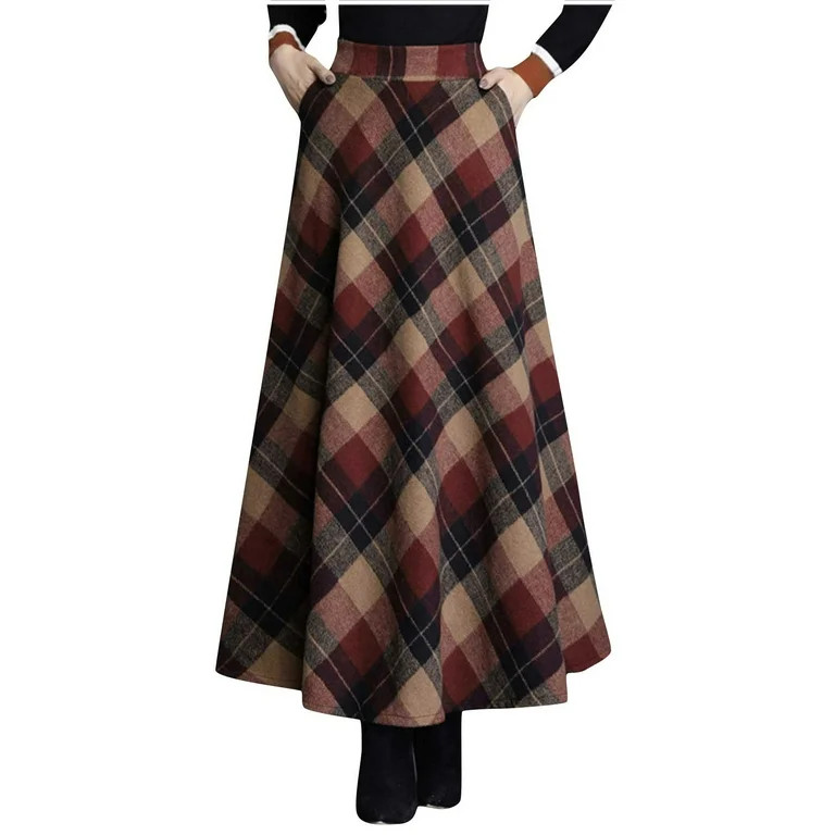 Npasoilc Wool Skirts for Women Vintage Fall Winter High Waisted Ruffle Hem Casual Plaid Printed B... | Walmart (US)