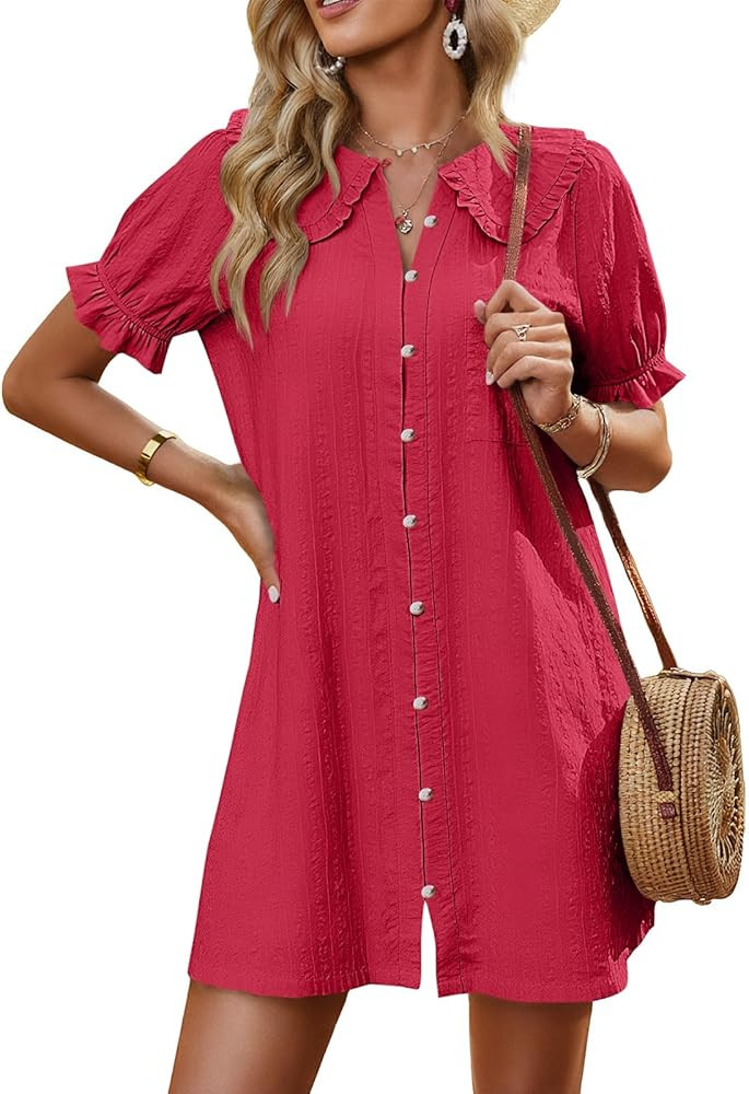 Cicy Bell Womens Puff Sleeve Peter Pan Collar Mini Shirt Dress Button Down Summer Casual Textured... | Amazon (US)