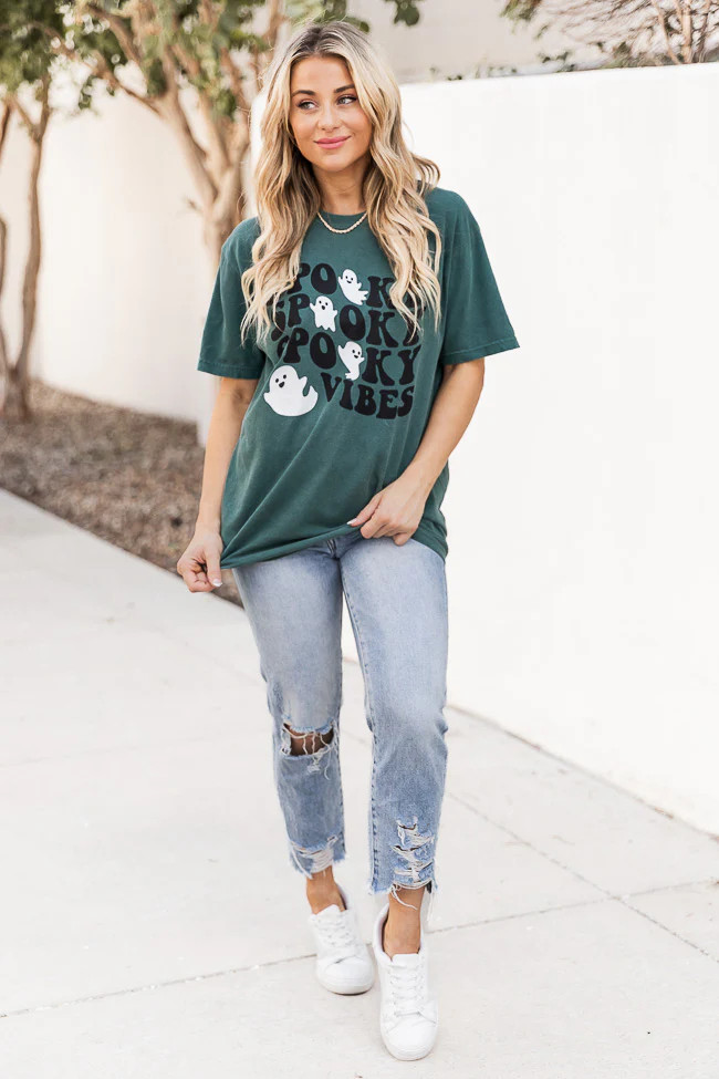 Spooky Vibes Ghost Dark Green Graphic Tee | Pink Lily