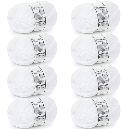 Cozyful Chunky Yarn for Hand Knitting - #10 Chunky Chenille Yarn, Jumbo Big Thick Chunky Yarns for Crocheting, Super Bulky Chunky Knit Blanket Yarns, 8 Skein (25 yds 8 oz Each Skein), Pure White | Amazon (US)
