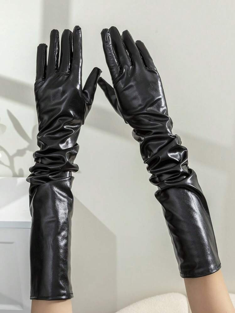 1 Pair Women's Fashion Shiny Patent Leather Long Gloves, Suitable For Autumn/Winter Outfit | SHEIN