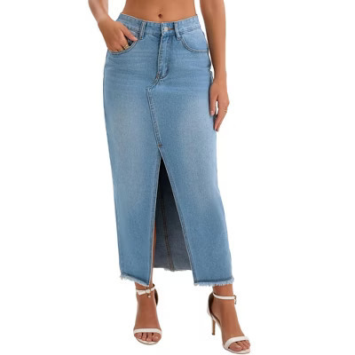 INSPIRE CHIC Women's Denim High Waist Split Front Raw Hem Washed with Pockets Maxi Skirt XX-Large Light Blue | Target