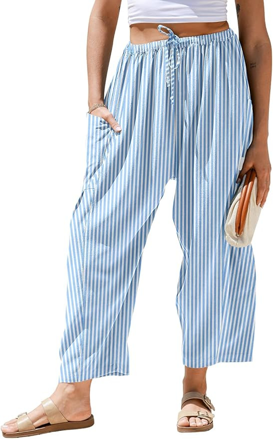 TARSE Womens Linen Wide Leg Striped Pants Casual Barrel Loose Drawstring Low Waist Palazzo Harem ... | Amazon (US)