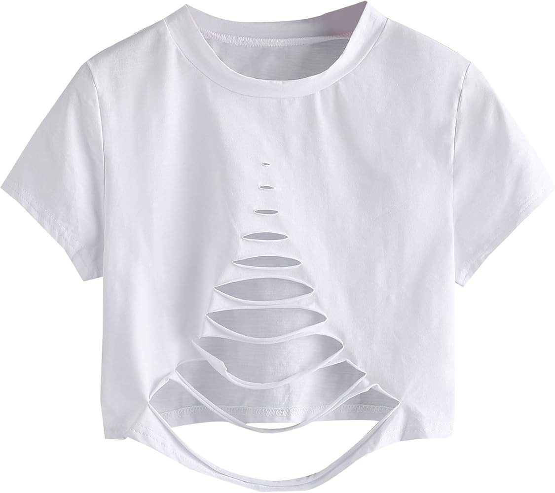 SweatyRocks Women's Short Sleeve Cutout Tee Shirt Distressed Crop Top | Amazon (US)