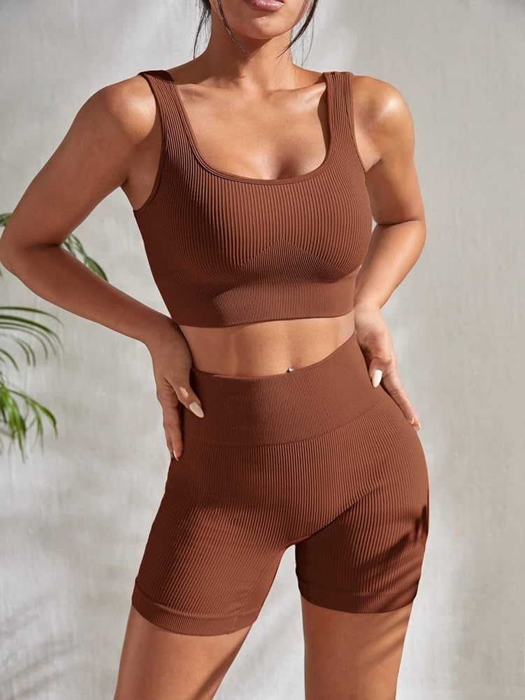 Ribbed Knit Wide Waistband Sports Set Yoga Set (Color : Coffee Brown, Size : L) | Amazon (US)