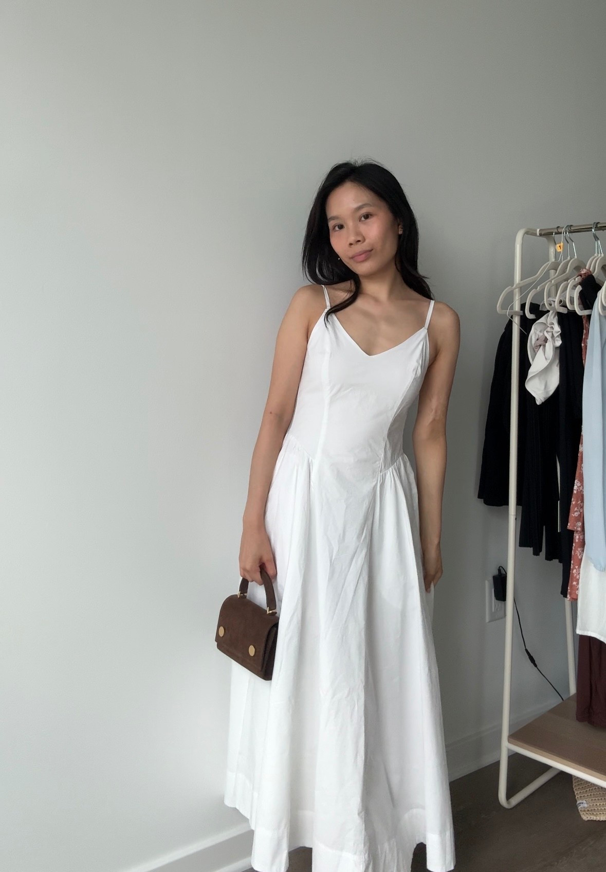 aritzia bright white technique poplin dress in size 00 paired with rsvp paris munchkin bag in chocolate suede 



#LTKTravel #LTKItBag #LTKPetite