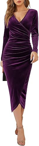 DIRASS Women's Elegant Velvet Long Sleeve Wrap V Neck Ruched Bodycon Cocktail Party Maxi Dress | Amazon (US)