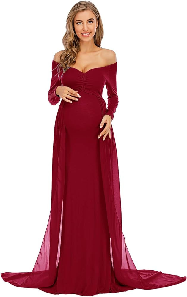 ZIUMUDY Maternity Off Shoulder Long Sleeve Fitted Gown Maxi Chiffon Dress for Photo Shoot Baby Sh... | Amazon (US)