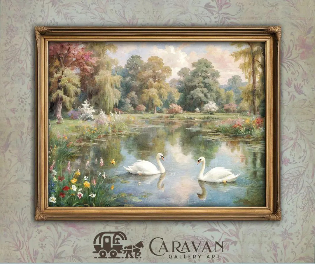 Pre-raphaelite Swans Landscape Painting, PRINTABLE Wall Art, Victorian & Cottagecore Decor, Origi... | Etsy (US)
