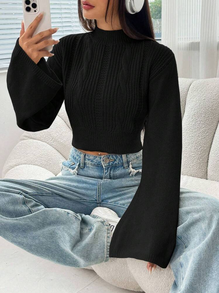 SHEIN EZwear Black Mock Neck Trumpet Sleeve Crop Sweater,Long Sleeve Tops In Fall/Winter | SHEIN