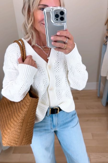Sized up to small in cardigan
Belt
Wide leg jeans- sized up from 24 to 25
Leather tote is beautiful 
Summer outfit


#LTKStyleTip #LTKxMadewell #LTKItBag