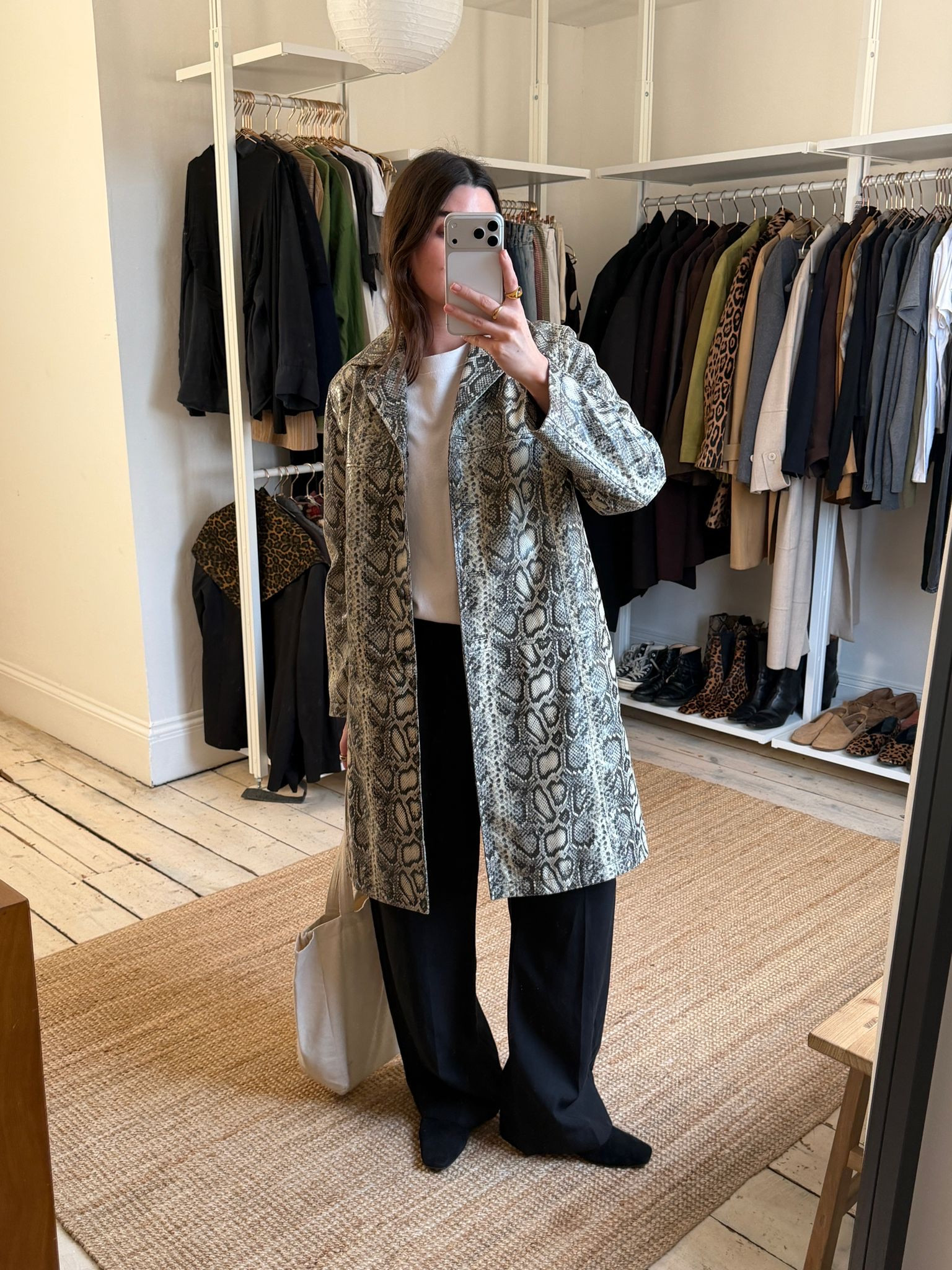 Whistles snake print coat, white sweatshirt and loose fluid trousers

#LTKstyletip #LTKspring
