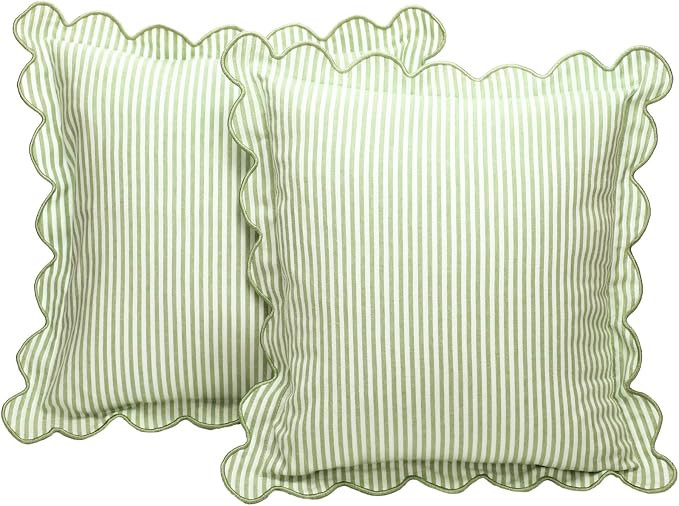 2 Pack Scalloped Pillow Cover 18 x 18 Inch Green Stripe Throw Pillow Cover Cotton Decorative Pill... | Amazon (US)
