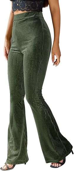 Floerns Women's Velvet Elastic Waist Flare Leg Palazzo Long Pants Trousers | Amazon (US)