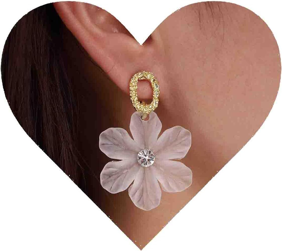 Vintage Acrylic Flower Dangle Earrings Resin Flower Drop Earrings White Flower Earrings Gold Text... | Amazon (US)