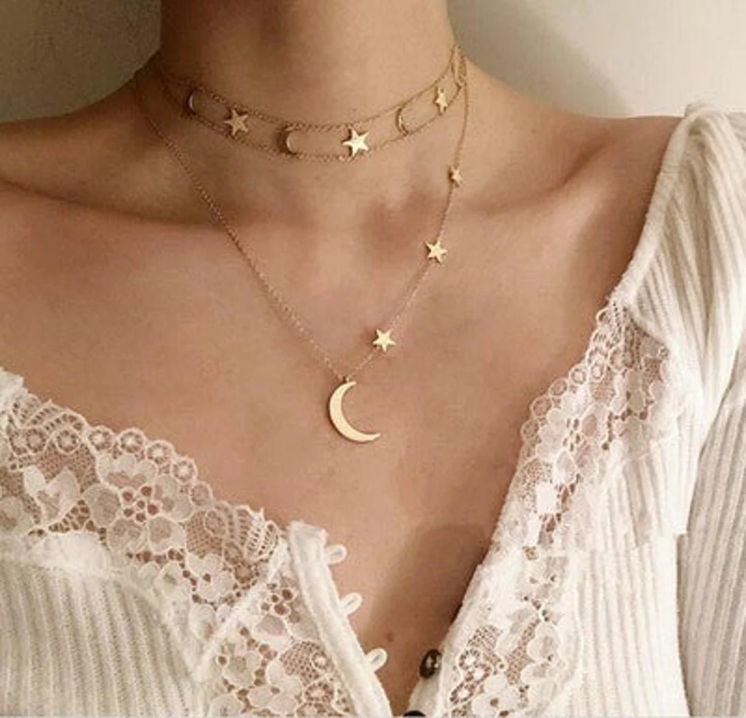 ANNIKA Moon and Star Choker Necklace Set Gold Crescent - Etsy | Etsy (US)