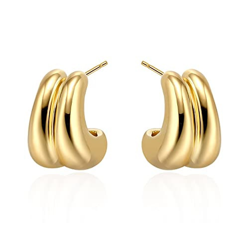 18K Gold Plated Hoop Earrings for Women, Chunky Sterling Silver Post Thick Trendy Earrings, High Polished Lightweight Gold Open Hoops - Jewelry Gifts | Amazon (US)