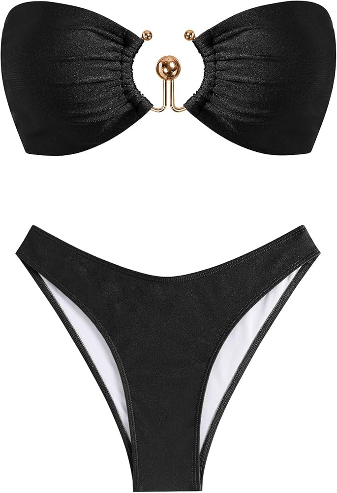 ZAFUL Womens Bandeau Bikini Set Metallic Sparkly O Ring Lace Up Tie Side High Cut Tanga Sexy Bath... | Amazon (US)