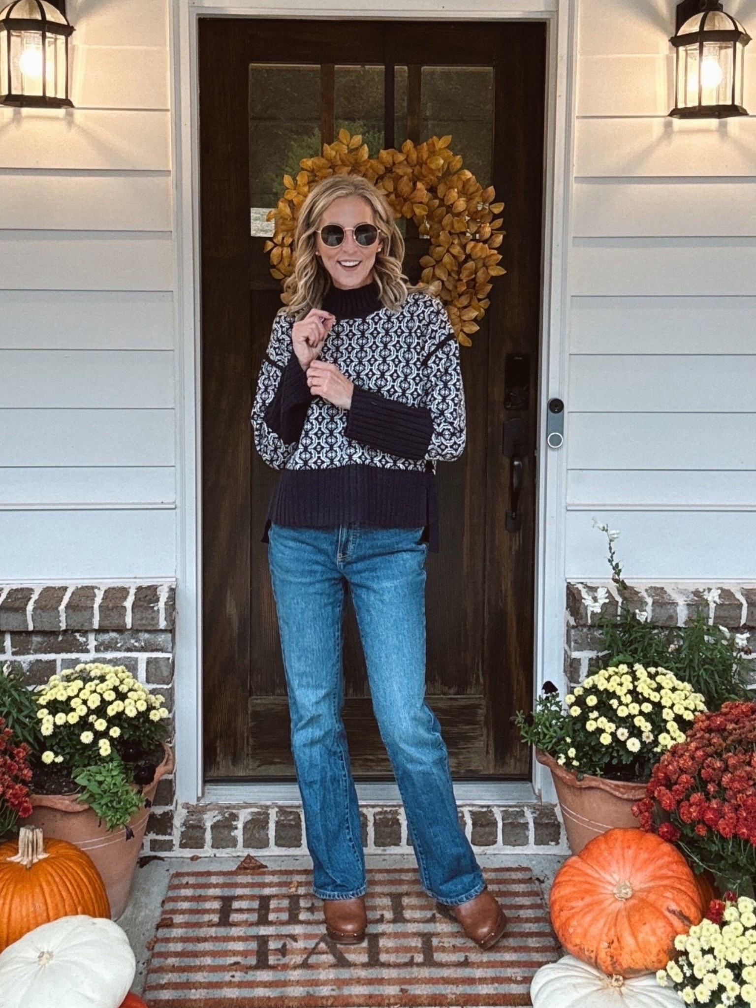 It is cozy season! And nothing makes it cozier than this designer inspired, striking pattern with exaggerated cuffs and a mock neck from Walmart. I love the detailing in this looks great with our favorites, jeans, skirts, and more wearing a size small comes in three colors.  Under $30.