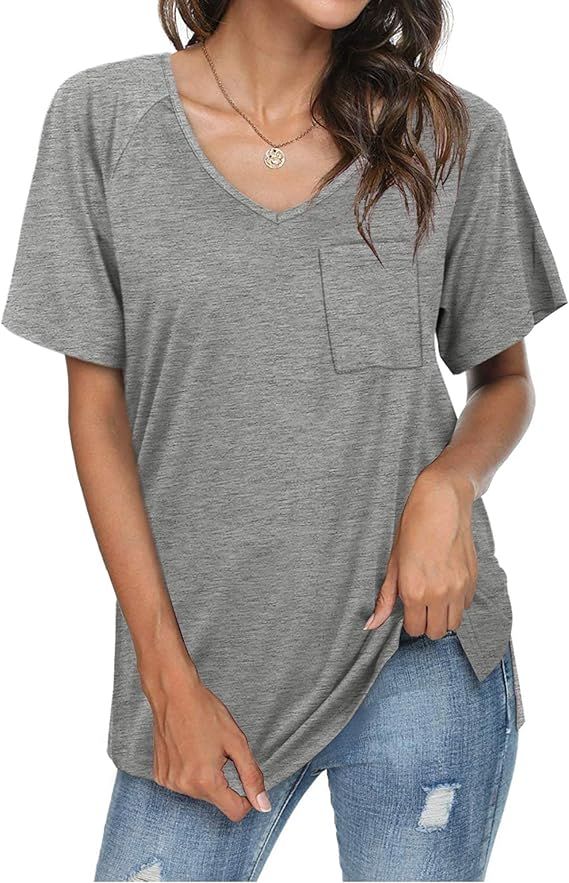NSQTBA Womens Tshirts V Neck Loose Fitting Summer Tops with Pocket | Amazon (US)