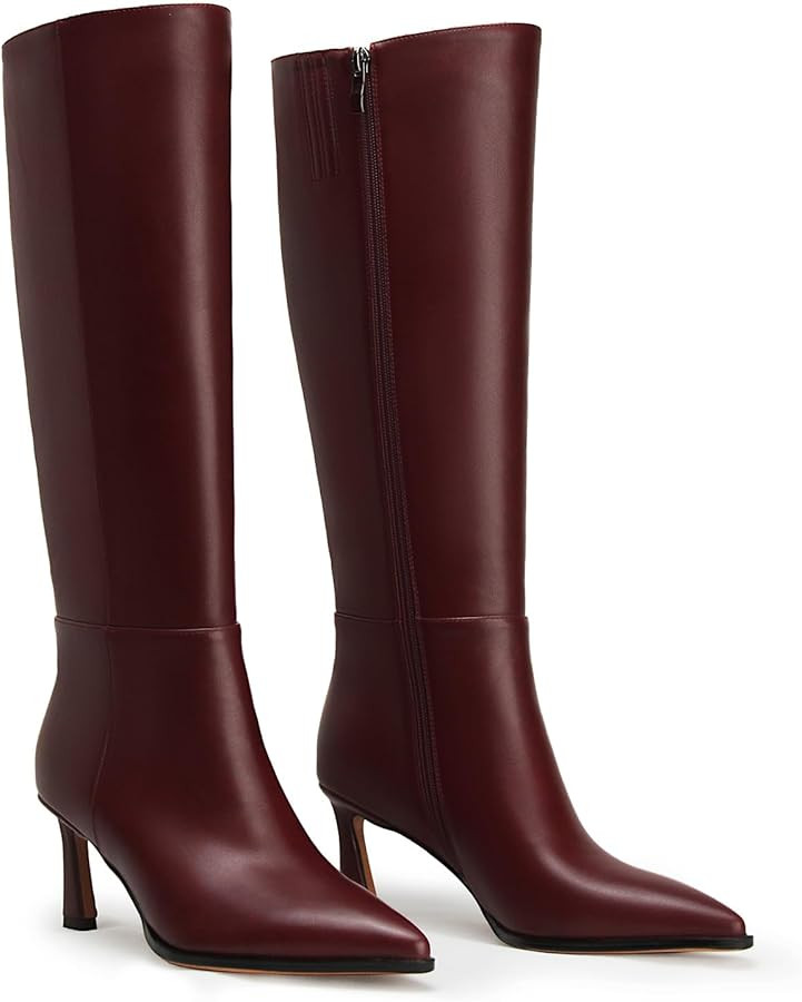 Women's Burgundy Knee High Boots Kitten Heel High Boots Pointed Toe Wide Calf Tall Boots Wedding ... | Amazon (US)