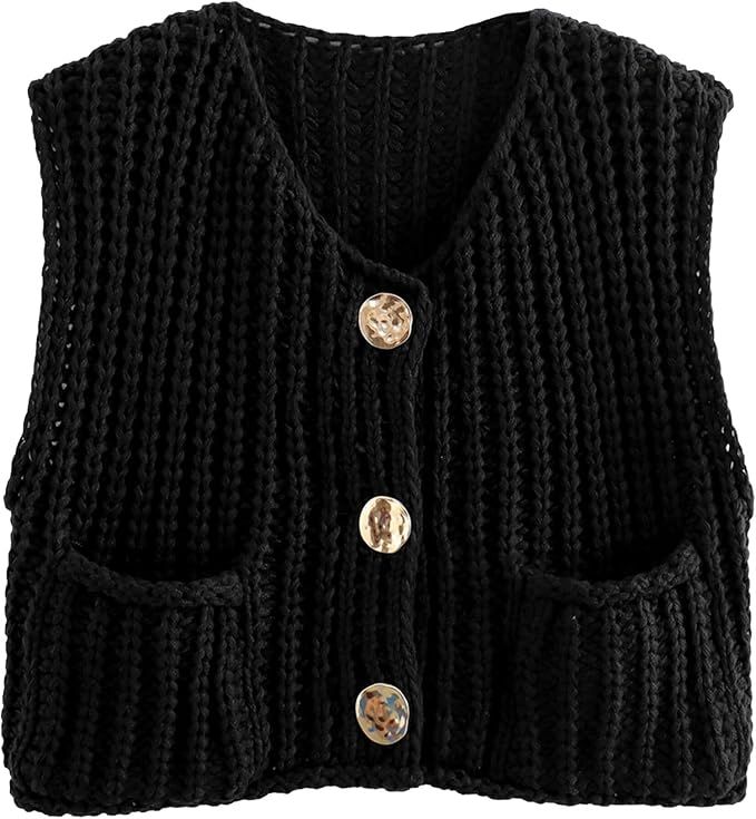 FindThy Women’s Cropped Sweater Vest Cute Crewneck Button Down Sleeveless Crop Knit Cardigan wi... | Amazon (US)