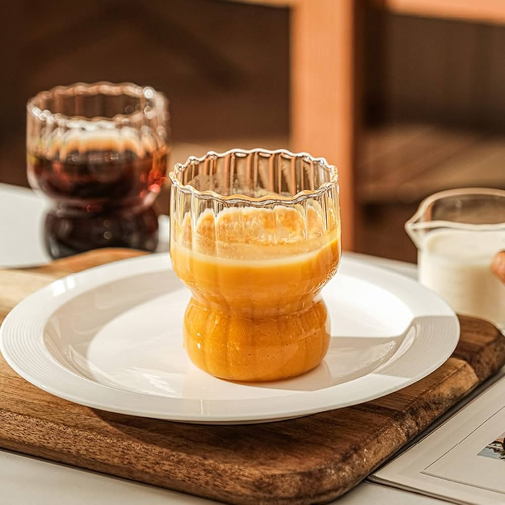 4 Pcs Ribbed Glass Cups 10oz Ripple Drinking Glasses Set Vintage Wave Shape Iced Coffee Glasses B... | Amazon (US)