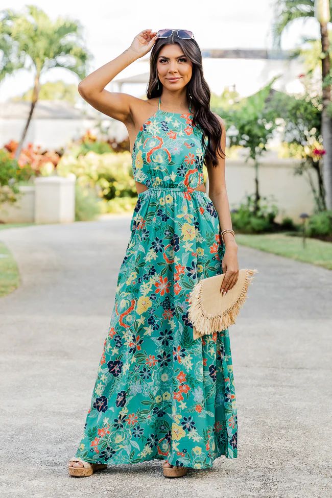Always On The Sunny Side Green Floral Halter Maxi Dress | Pink Lily