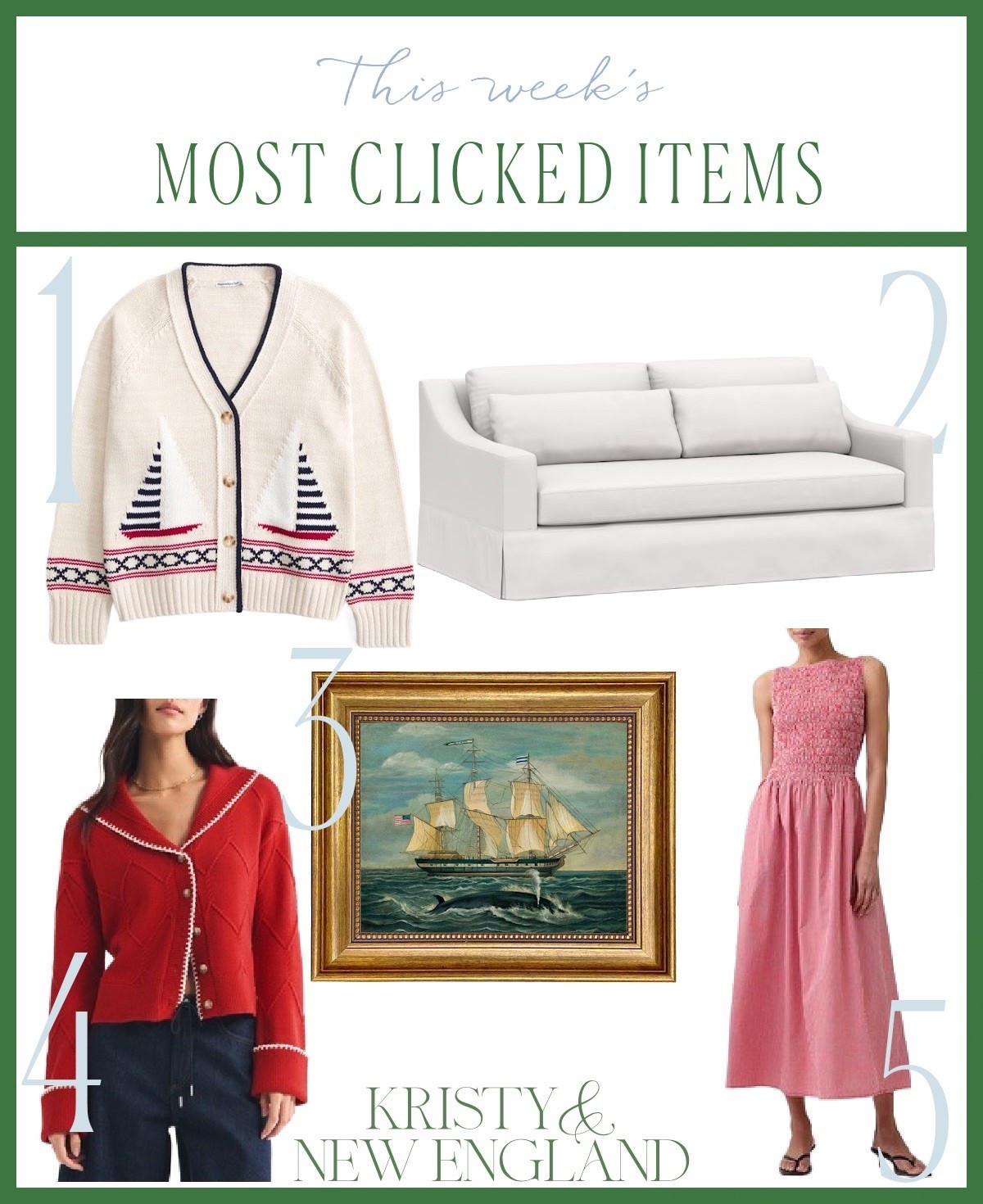 Most popular of the week sailboat cardigan, white slipcovered sofa, red sailor cardigan, whale & ship framed art, red gingham smocked dress

#LTKOver40 #LTKTall #LTKSaleAlert