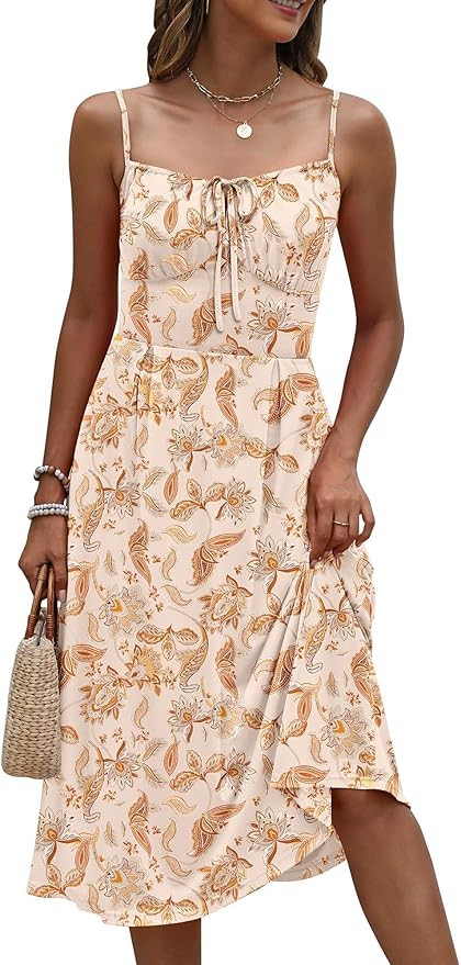 Caracilia Womens Summer Floral Midi Sundress Casual Spaghetti Strap Tie Front Boho Cami Corset Be... | Amazon (US)