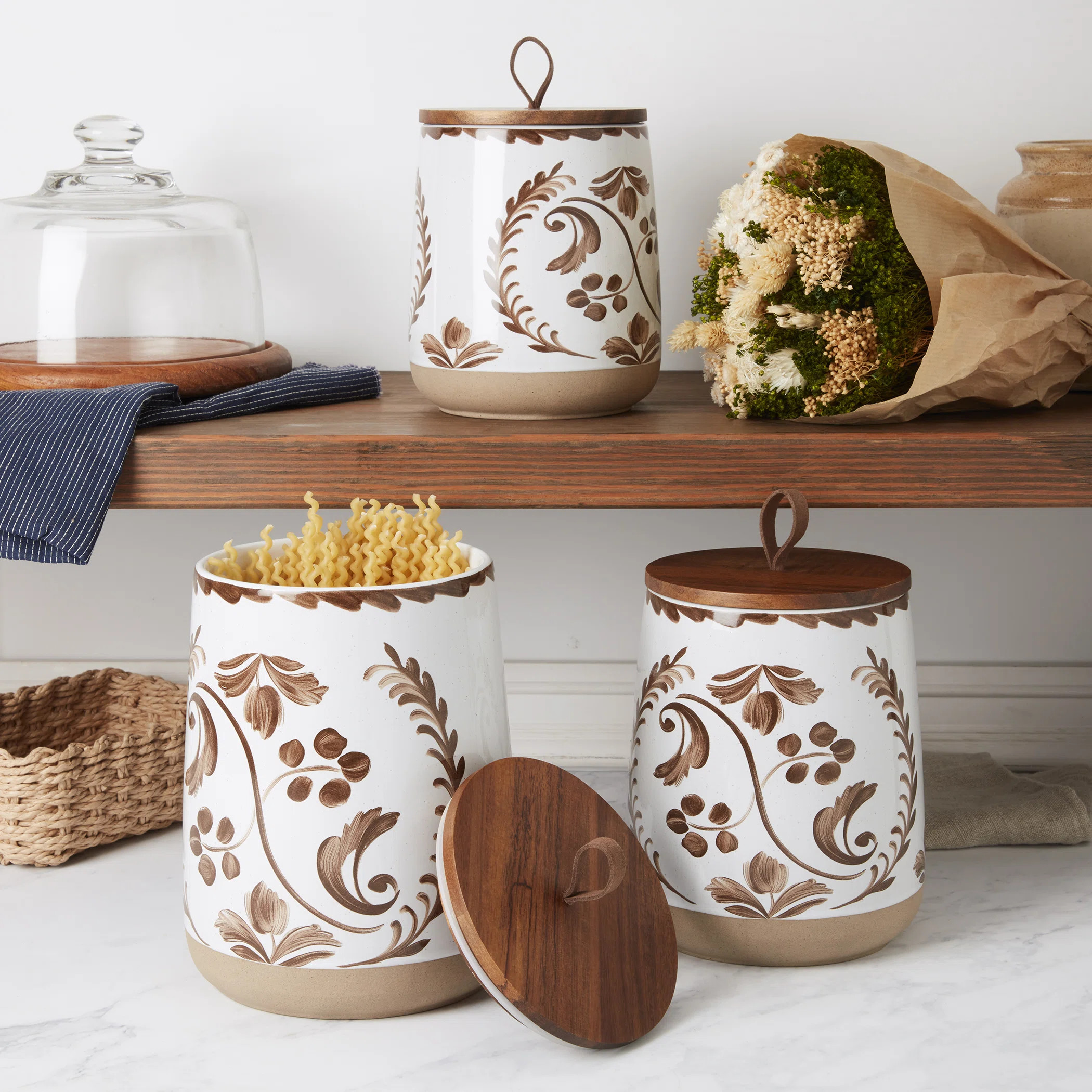 Tabletops Gallery 3-Piece Stoneware Canister Set with Acacia Wood Lids, Botanical Brown | Wayfair North America