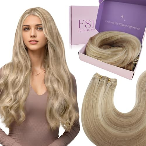 Fshine Ash Blonde Sew in Weft Hair Extensions 22 Inch 100g Dark Ash Blonde Highlighted with Golden Sew in Double Weft Real Human Hair Extensions Straight for Women | Amazon (US)