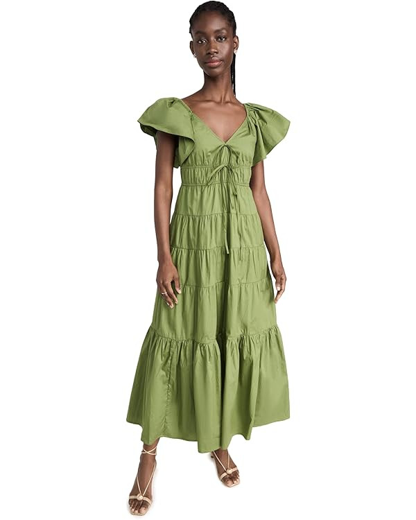 MOON RIVER Women's V-Neck Tie Front Shirred Tiered Ruffle Midi Dress | Amazon (US)