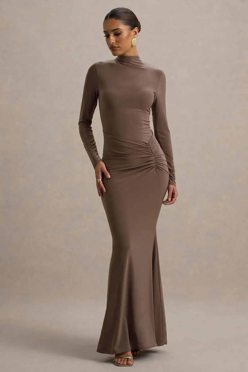 Reid  Brown Long-Sleeve Gathered Maxi Dress | Club L London