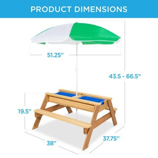 3-in-1 Kids Sand & Water Table Outdoor Wood Picnic Table w/ Umbrella | Best Choice Products 