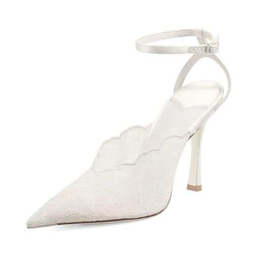 Kluolandi White Lace Pumps Wedding Heels for Women Closed Toe Ankle Strap Mesh Summer Stiletto High Heels Bridal Shoes Size 6 | Amazon (US)