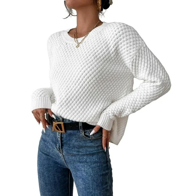 Womens Sweaters Casual Plain Round Neck Pullovers White M | Walmart (US)
