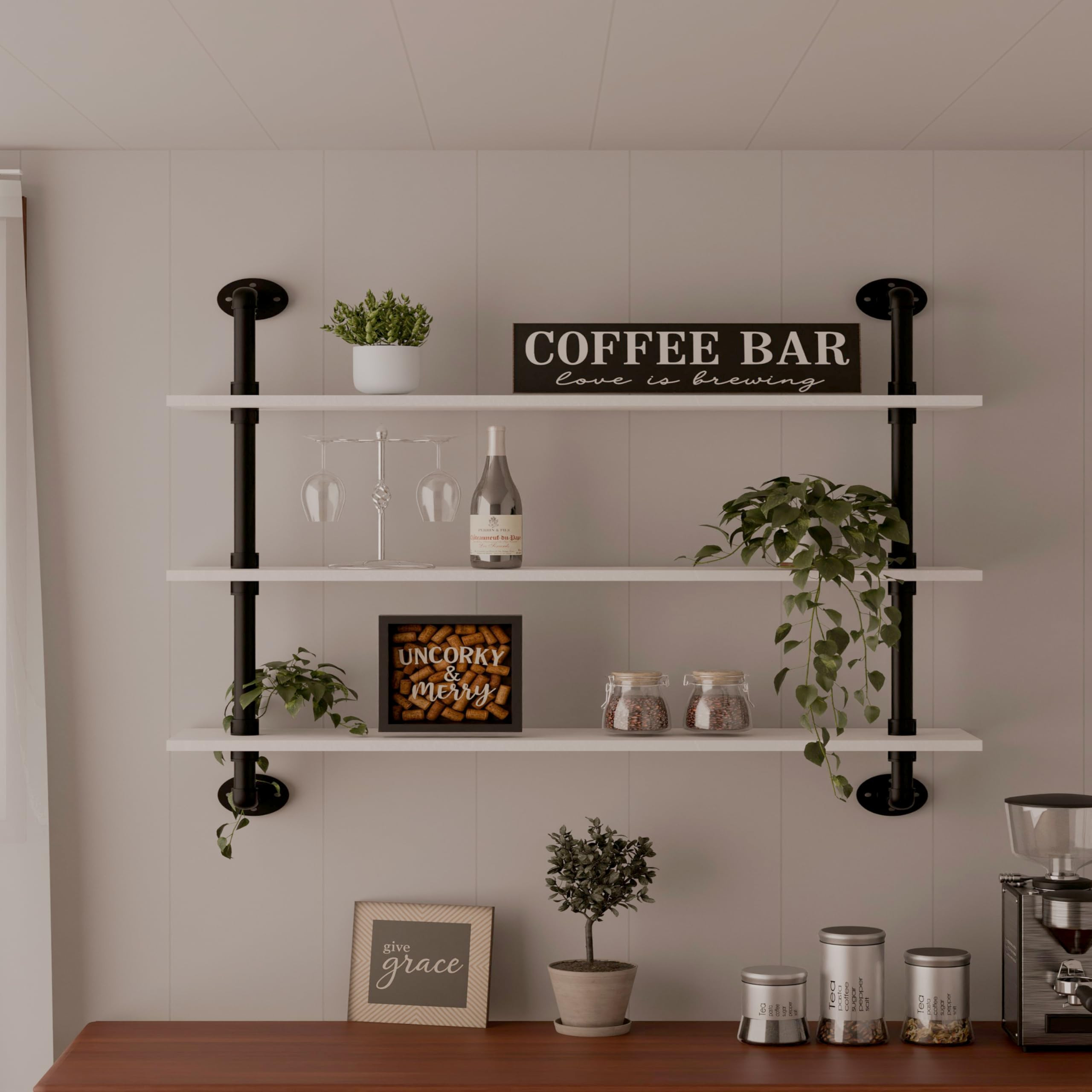 Floating Bookshel Industrial Pipe Shelving Pipe Shelves Rustic White Wall Shelves 36 Inch Farmhouse Book Shelves for Kitchen Bar,Bathroom Wall Mounted | Amazon (US)