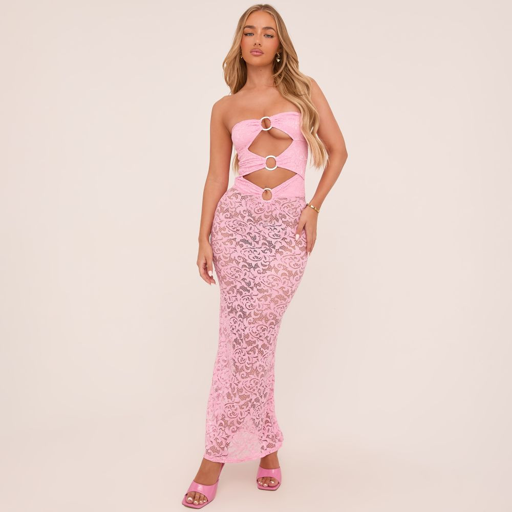 Bandeau Ring Detail Cut Out Maxi Dress In Pink Lace | EGO (UK)