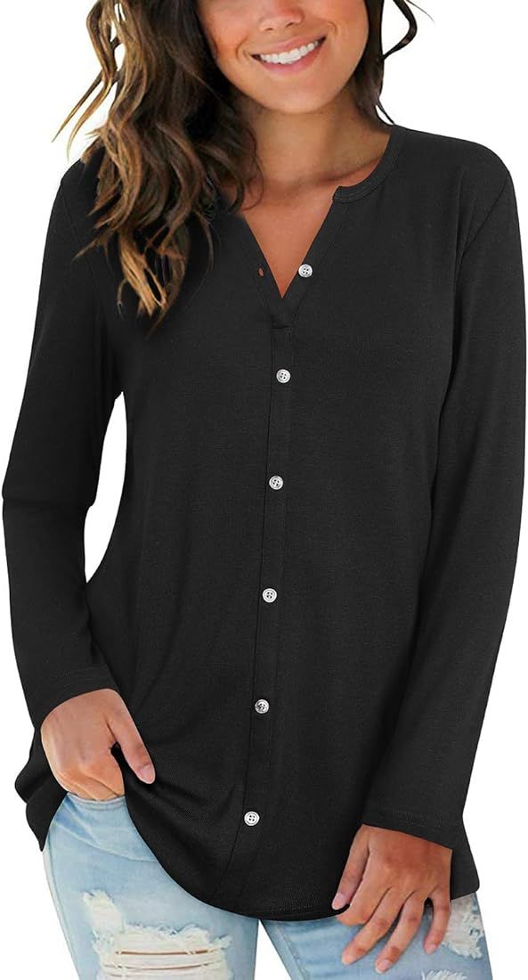 LAISHEN Women's Long & Short Sleeve Shirts V Neck Button Down T Shirt Color Block Summer Tops Cas... | Amazon (US)
