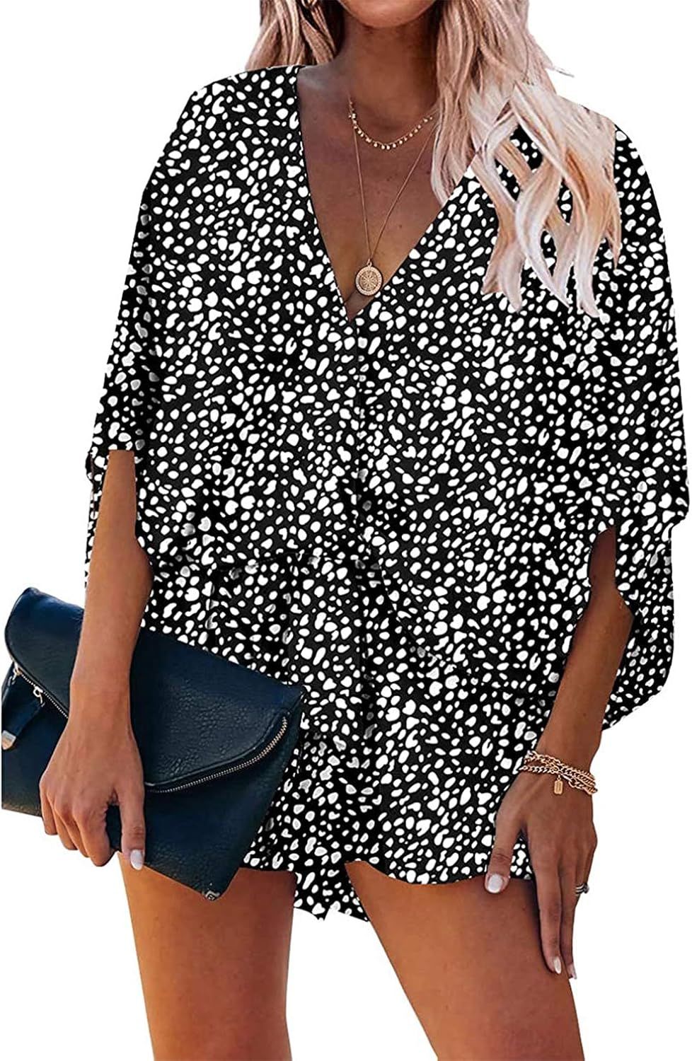 PRETTYGARDEN Women’s Leopard Print Shorts Jumpsuit Wrap V Neck 3/4 Sleeve Casual Loose Oversized Rom | Amazon (US)