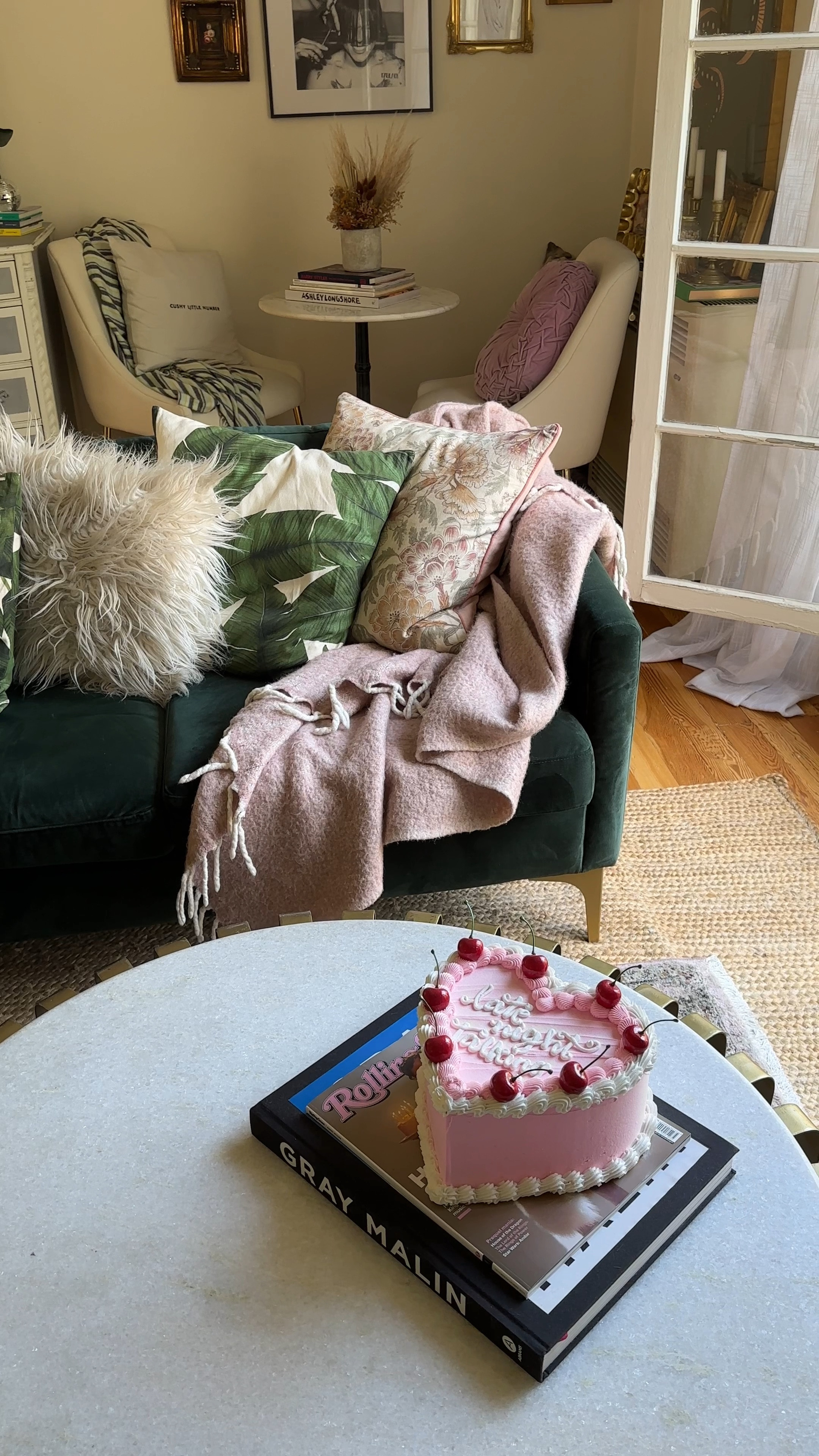 Living room home decor, wayfair green velvet couch, sofa, pink soft wool-blend throw blanket from H&M, affordable, budget friendly, under $30, Apple the Snake by Willa Heart in Gold Framed Paper, Medium Art Print, chairish, wall art, Better Homes & Gardens Feather Filled Botanical Palm Leaves Decorative Throw Pillow, Walmart, Melodieux White Linen Textured Semi Sheer Curtains 96 Inches Long for Living Room Bedroom Natural Flax Linen Rod Pocket Voile Drapes, Amazon home, Faxon Oriental Pink/Beige Area Rug - on sale now, Hand Braided Jute Rug from rugs.com, string lights, home accents, Anthropologie linen white chair, palm print pillow, gold antique inspired / vintage inspired, Parisian inspired, Round White Marble And Black Metal Bistro Accent Table, on the patio, black and white marble, gift ideas

#LTKGiftGuide #LTKfindsunder100 #LTKhome