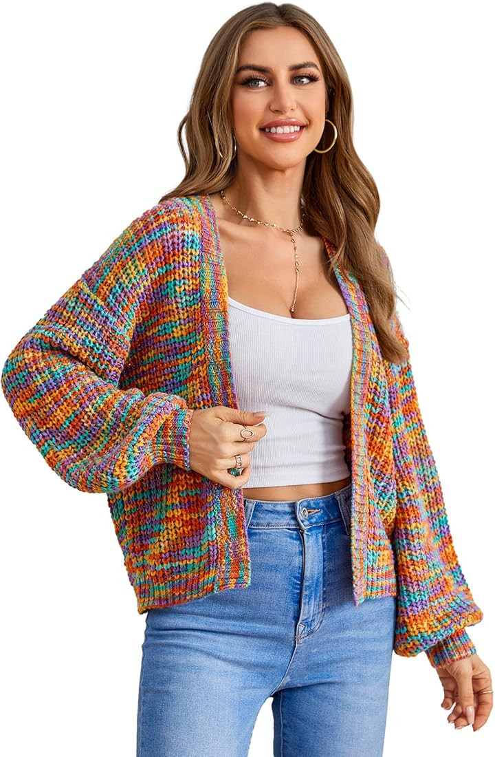 SHENHE Women's Color Block Open Front Long Sleeve Ribbed Knit Cropped Cardigan Sweaters | Amazon (US)